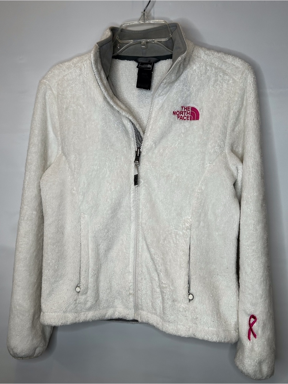 The North Face White Teddy Fleece Jacket with Pink Logo